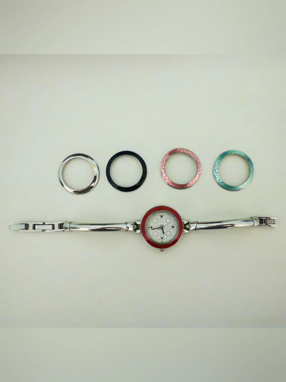Vintage Interchangeable Bezel Silver Bangle Watch - Red Dial